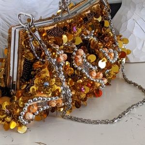 Vintage Evening beaded clutch gold sequin 👛